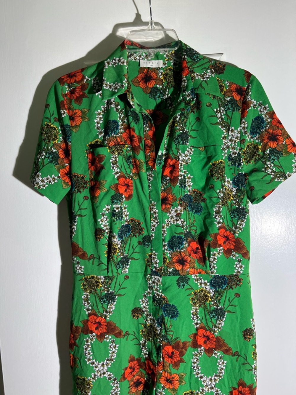 Sandro Green Floral Short-Sleeve Jumpsuit with Red Blooms - Picture 5 of 11